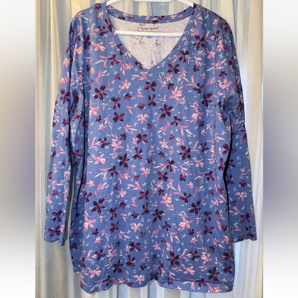 Woman Within Floral Long Sleeve V-Neck Tee | Plus Size 1X (22/24) | Blue Floral